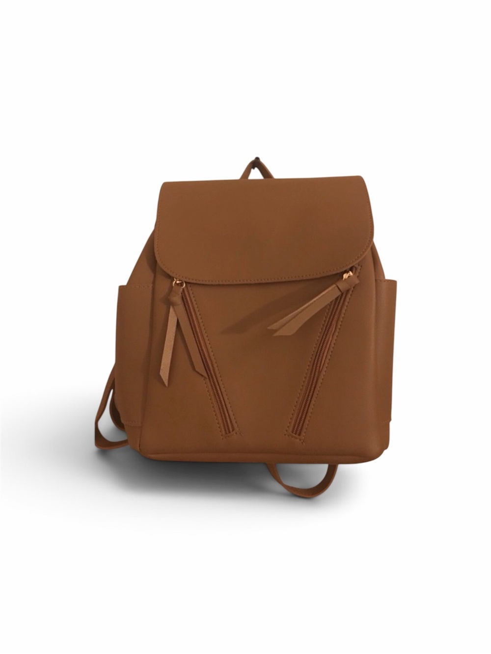 Chic Cognac Brown Faux Leather Backpack School Rucksack